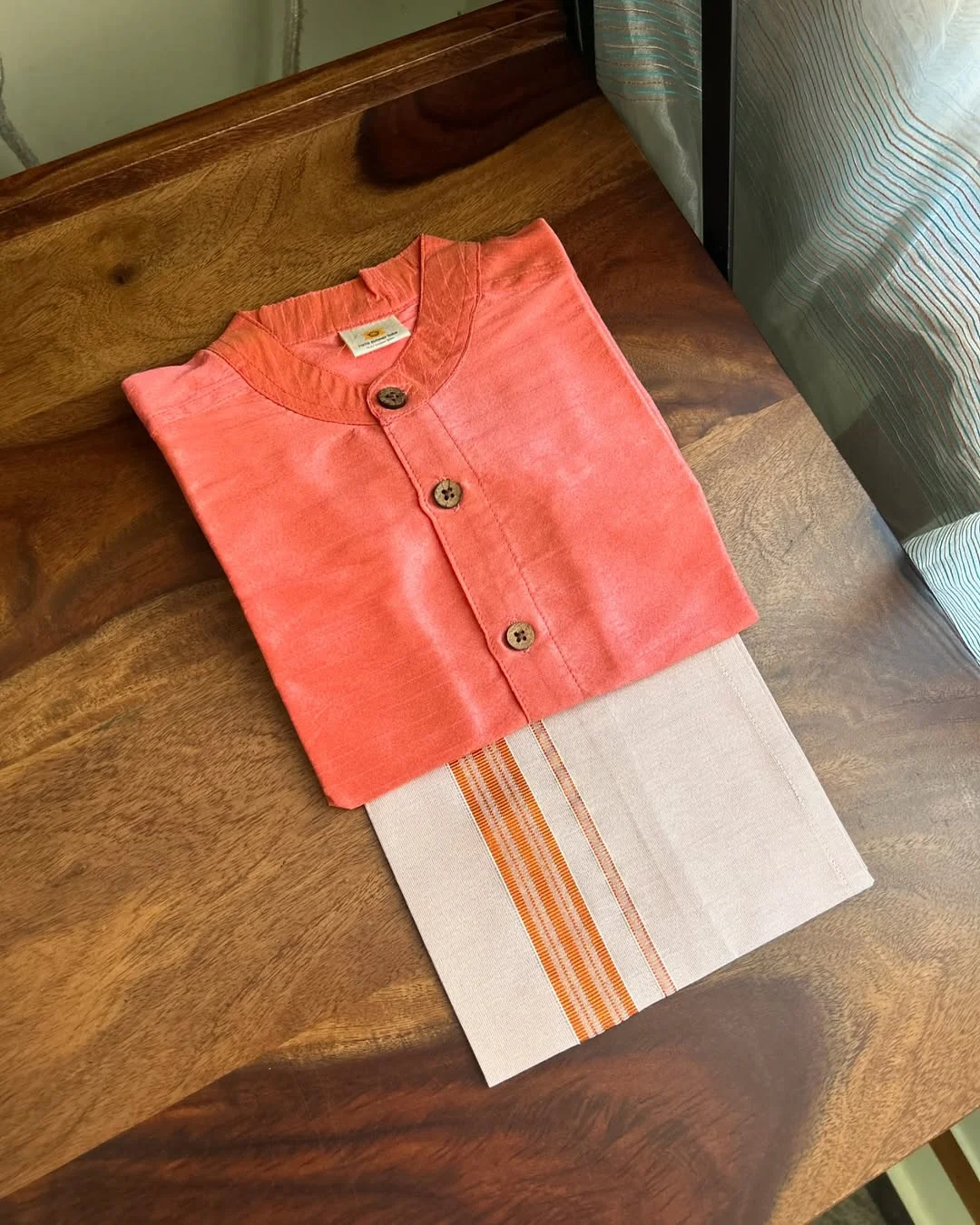 Plain peach shirt with gold tissue dhothi